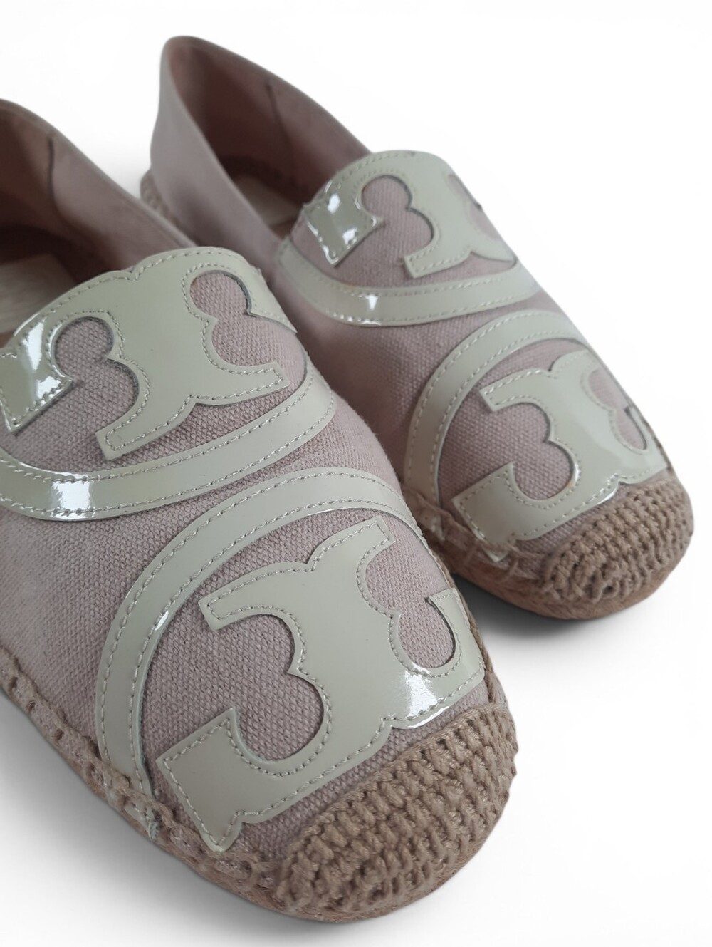 TORY BURCH Jute Espadrille Poppy Leather Canvas Cap Toe Pale Pink Ivory Logo 8 - Picture 6 of 11
